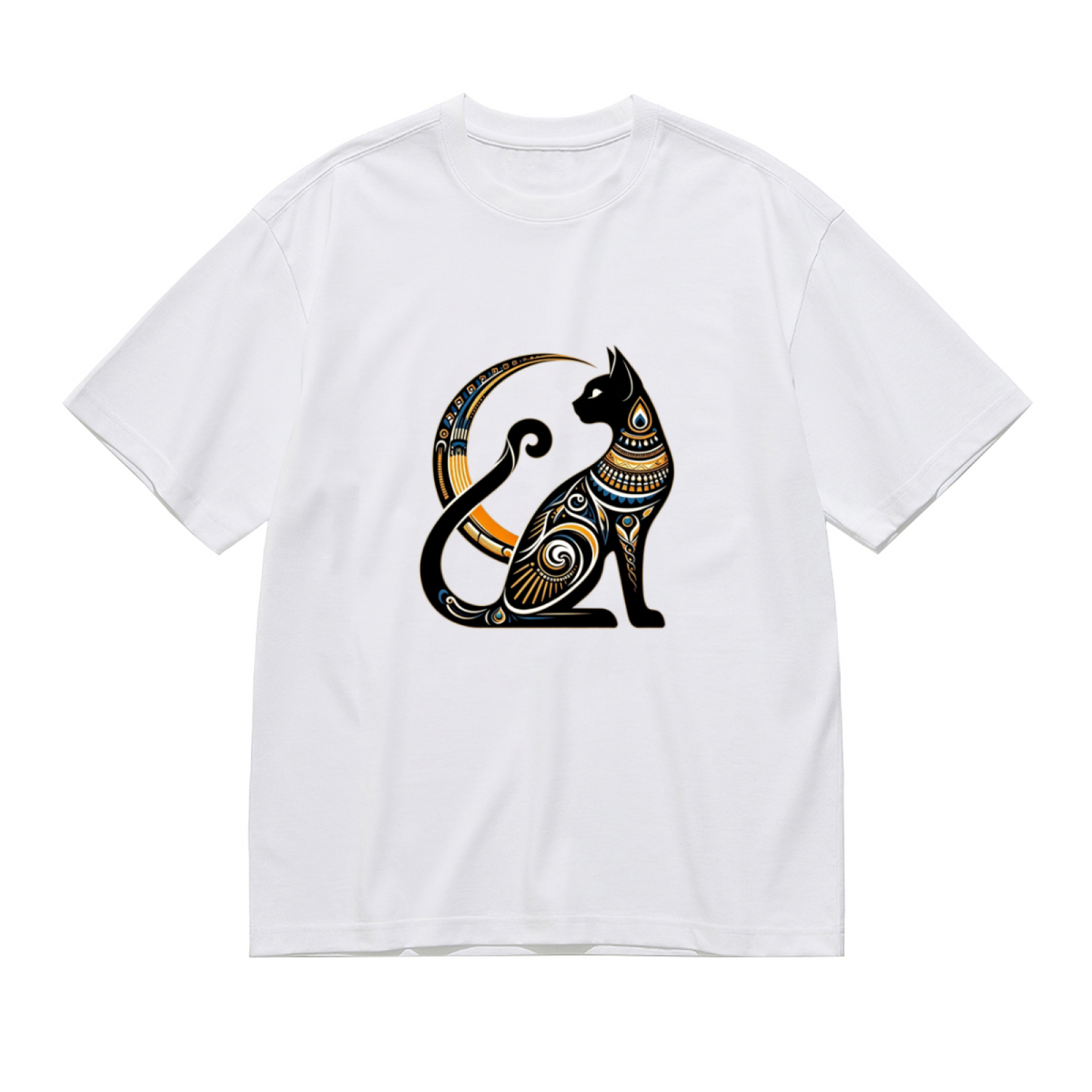 Ornate Egyptian Bastet Black Cat Golden Crescent Moon Art Tee