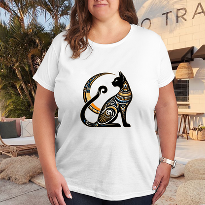 Ornate Egyptian Bastet Black Cat Golden Crescent Moon Art Tee