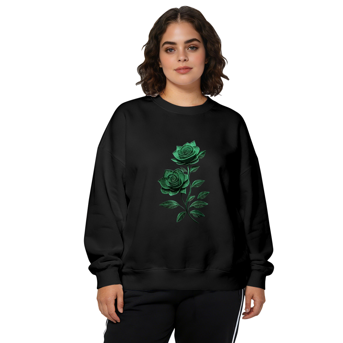 Shimmer Glitter Green Rose Art Black Crewneck Sweatshirt