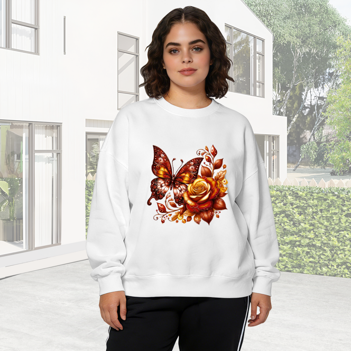 Warm Amber?Gold Butterfly & Rose Art Crewneck Sweatshirt