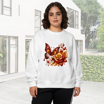 Warm Amber?Gold Butterfly & Rose Art Crewneck Sweatshirt