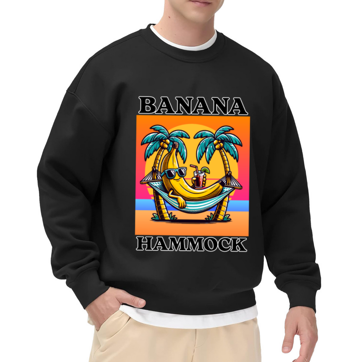 Funny Banana Hammock Tropical Beach Vacation Cartoon Crewneck Sweatshirt