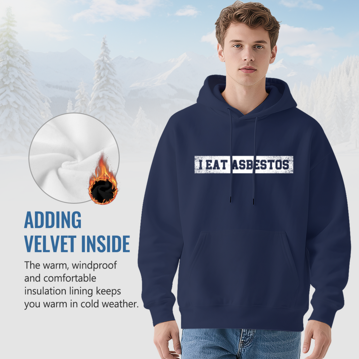 Hilarious I Eat Asbestos Distressed Text Navy Hoodie, Unisex Comfort Meme Pullover