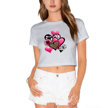 Leopard Print Mixed Hearts Hot Pink Crop Tee ¨C Y2K Fun Girly Graphic Shirt