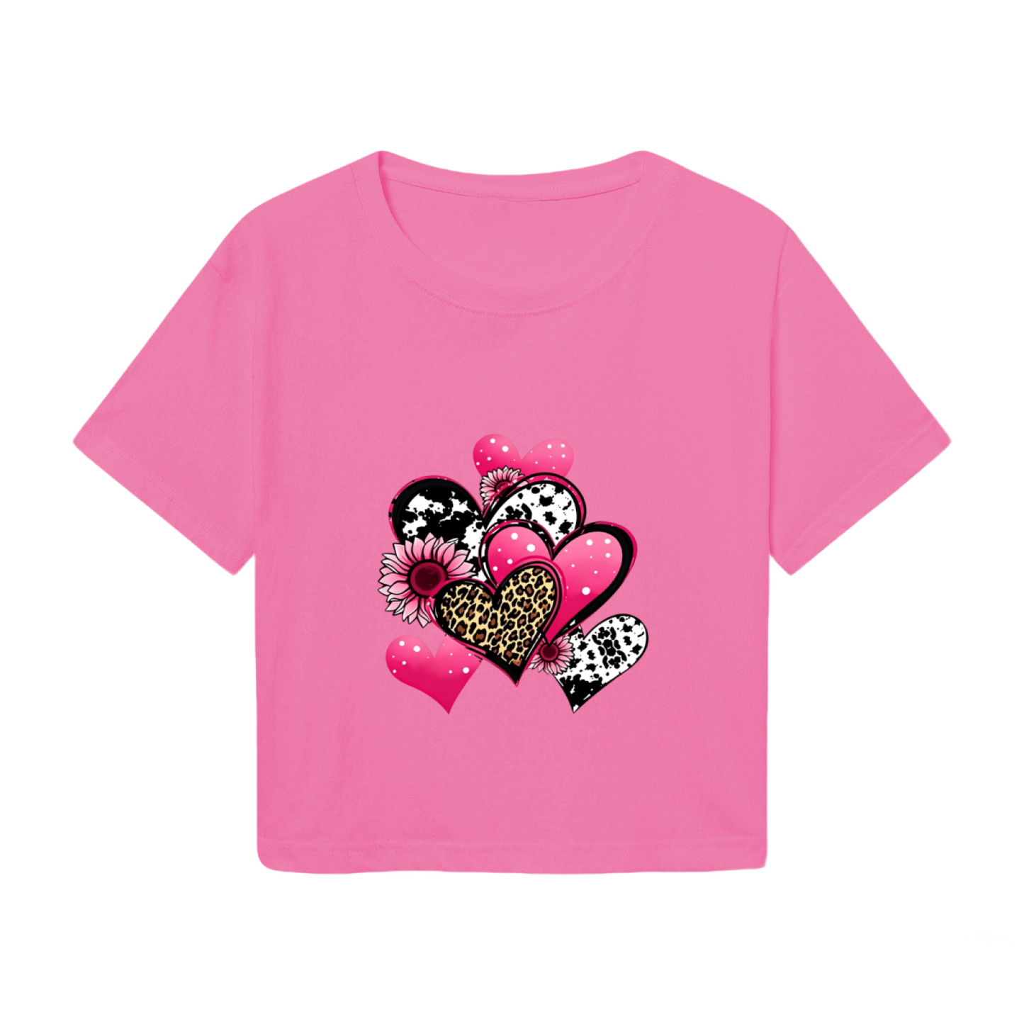 Leopard Print Mixed Hearts Hot Pink Crop Tee ¨C Y2K Fun Girly Graphic Shirt