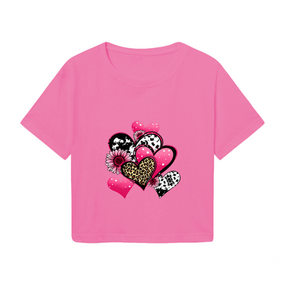 Leopard Print Mixed Hearts Hot Pink Crop Tee ¨C Y2K Fun Girly Graphic Shirt