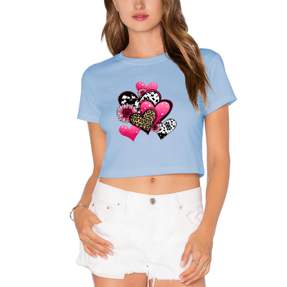 Leopard Print Mixed Hearts Hot Pink Crop Tee ¨C Y2K Fun Girly Graphic Shirt