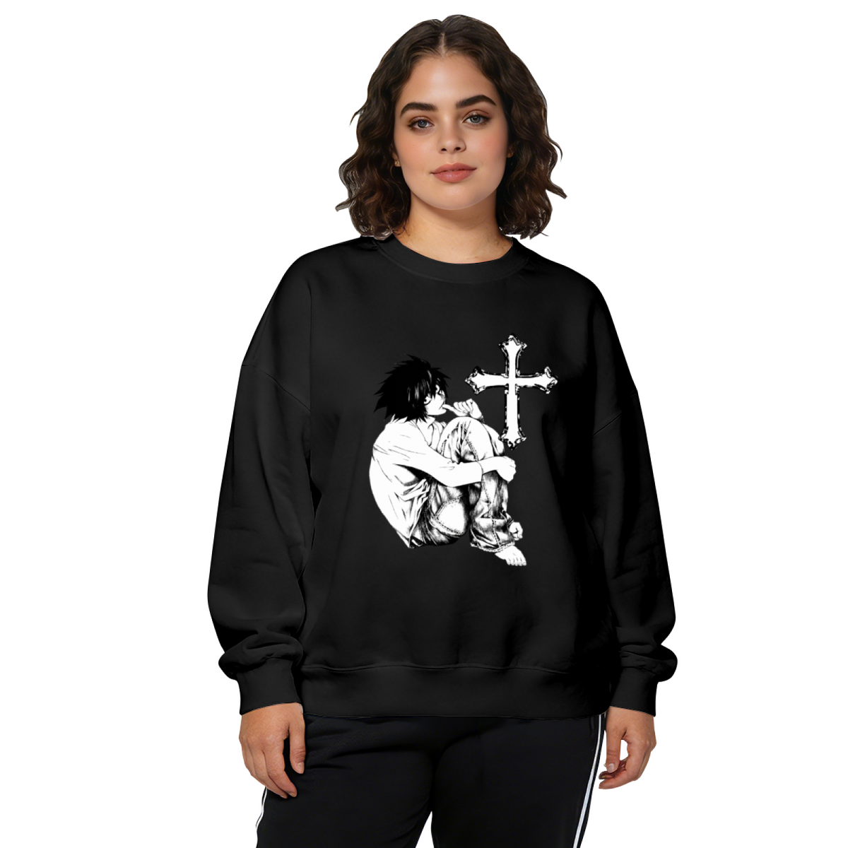 Moody Anime Character With Cross Graphic Crewneck Sweatshirt