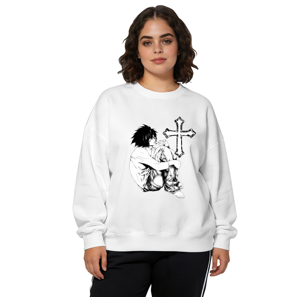 Moody Anime Character With Cross Graphic Crewneck Sweatshirt