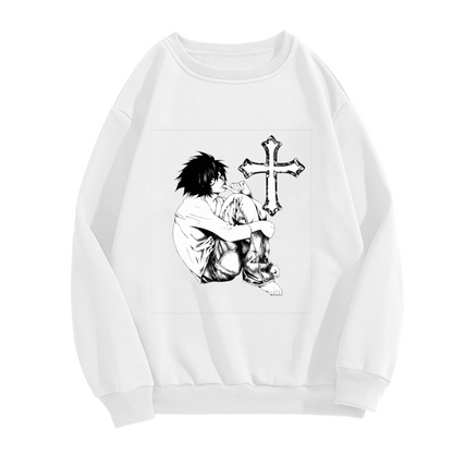 Moody Anime Character With Cross Graphic Crewneck Sweatshirt