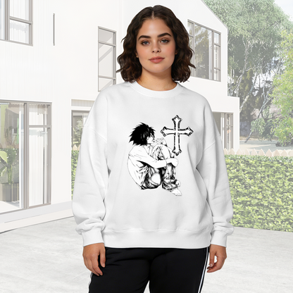 Moody Anime Character With Cross Graphic Crewneck Sweatshirt