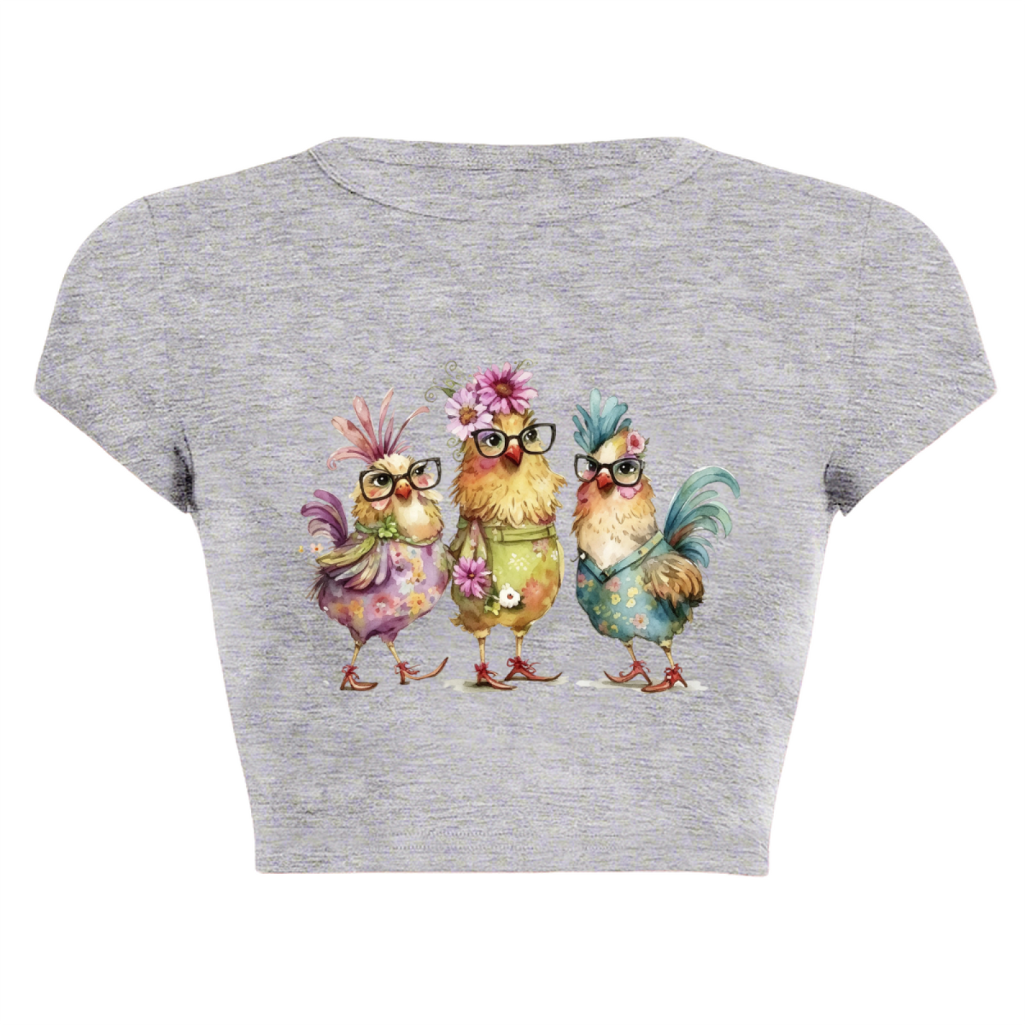 Cute Glasses Floral Chickens Watercolor Grey Crop Top ¨C Funny Farm Animal Tee 19.