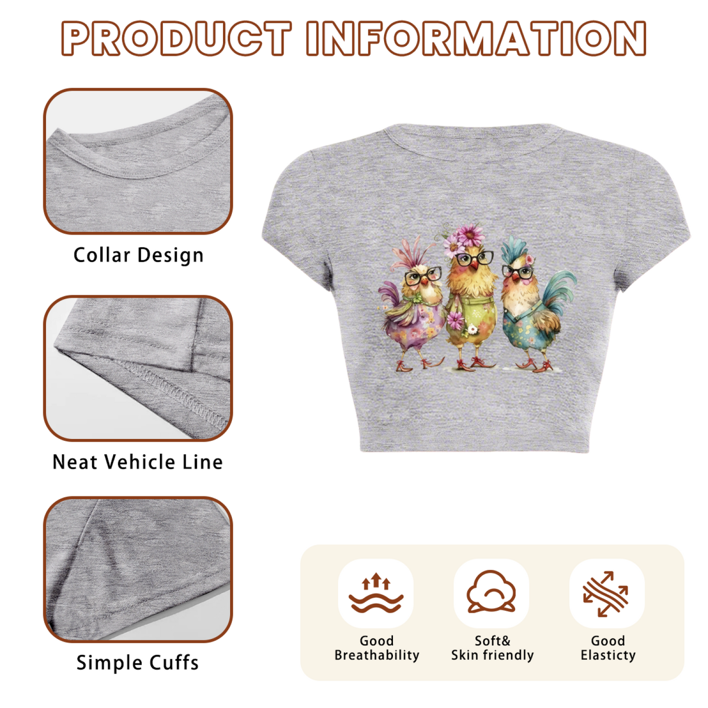 Cute Glasses Floral Chickens Watercolor Grey Crop Top ¨C Funny Farm Animal Tee 19.