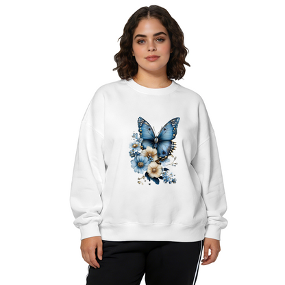 Chic Blue Butterfly Retro Wildflower Print Crewneck Sweatshirt