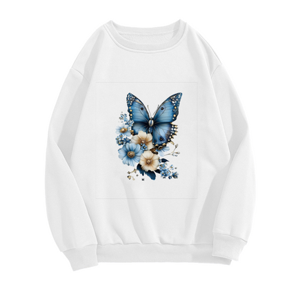 Chic Blue Butterfly Retro Wildflower Print Crewneck Sweatshirt