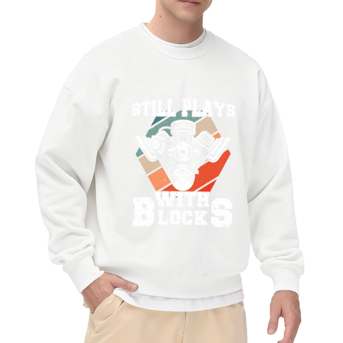 Still Plays With Blocks Car Engine Mechanic Crewneck Sweatshirt