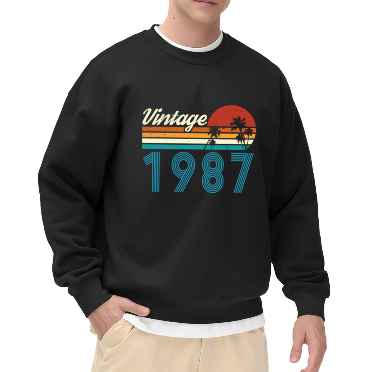 Vintage 1987 Retro Sunset Palm Tree Crewneck Sweatshirt, Born In 1987 Birthday Graphic Top