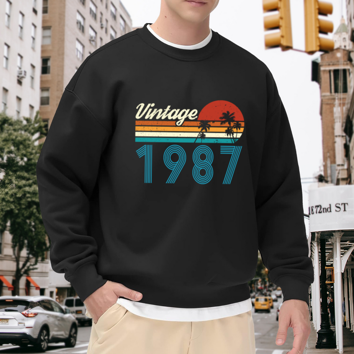 Vintage 1987 Retro Sunset Palm Tree Crewneck Sweatshirt, Born In 1987 Birthday Graphic Top