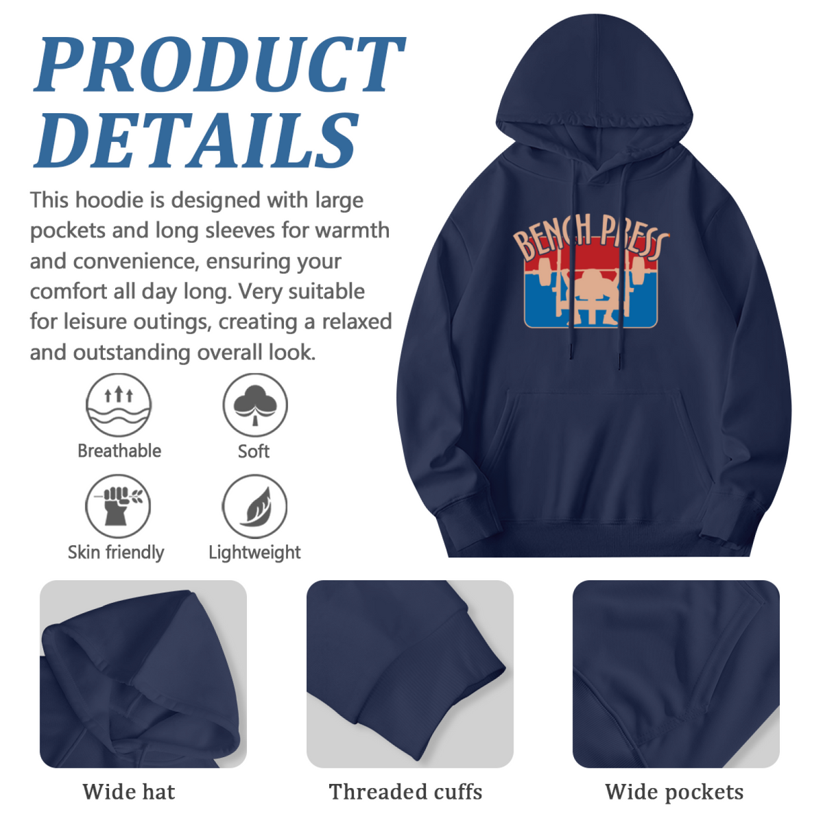 Retro Bench Press Gym Graphic Navy Hoodie, Fitness Enthusiast Soft Hoodie