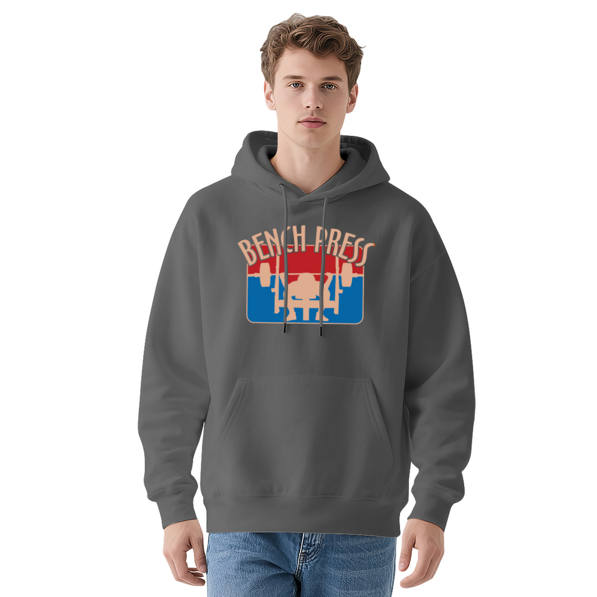 Retro Bench Press Gym Graphic Navy Hoodie, Fitness Enthusiast Soft Hoodie