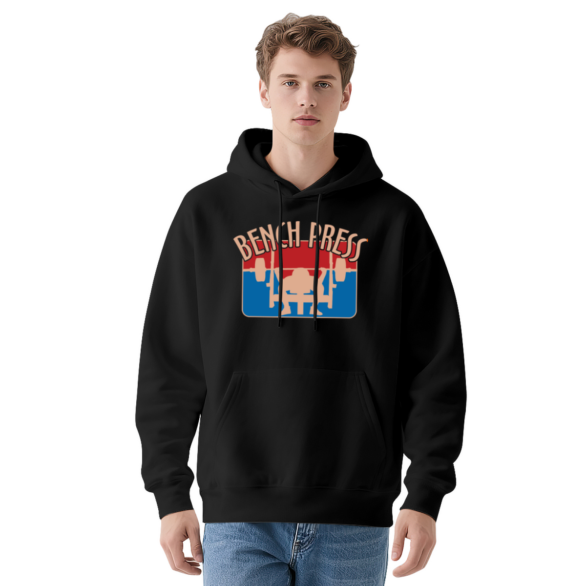 Retro Bench Press Gym Graphic Navy Hoodie, Fitness Enthusiast Soft Hoodie