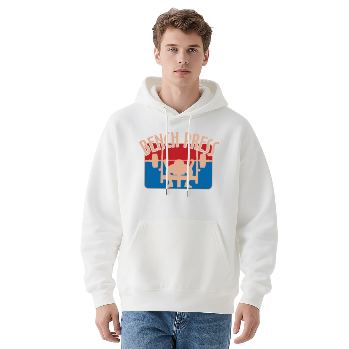 Retro Bench Press Gym Graphic Navy Hoodie, Fitness Enthusiast Soft Hoodie