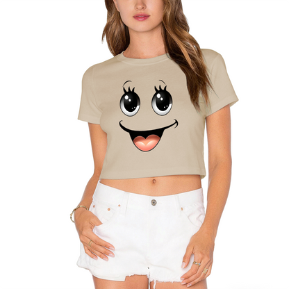 Kawaii Big Eyes Smiley Face Soft Girl Pink Crop Top