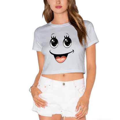 Kawaii Big Eyes Smiley Face Soft Girl Pink Crop Top