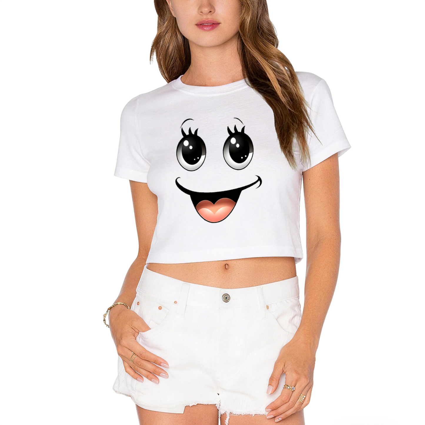 Kawaii Big Eyes Smiley Face Soft Girl Pink Crop Top