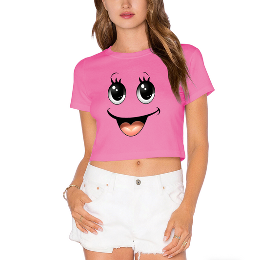 Kawaii Big Eyes Smiley Face Soft Girl Pink Crop Top