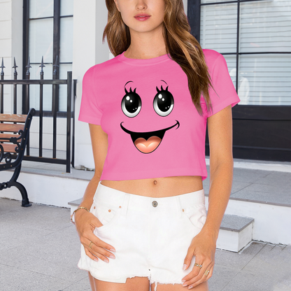 Kawaii Big Eyes Smiley Face Soft Girl Pink Crop Top