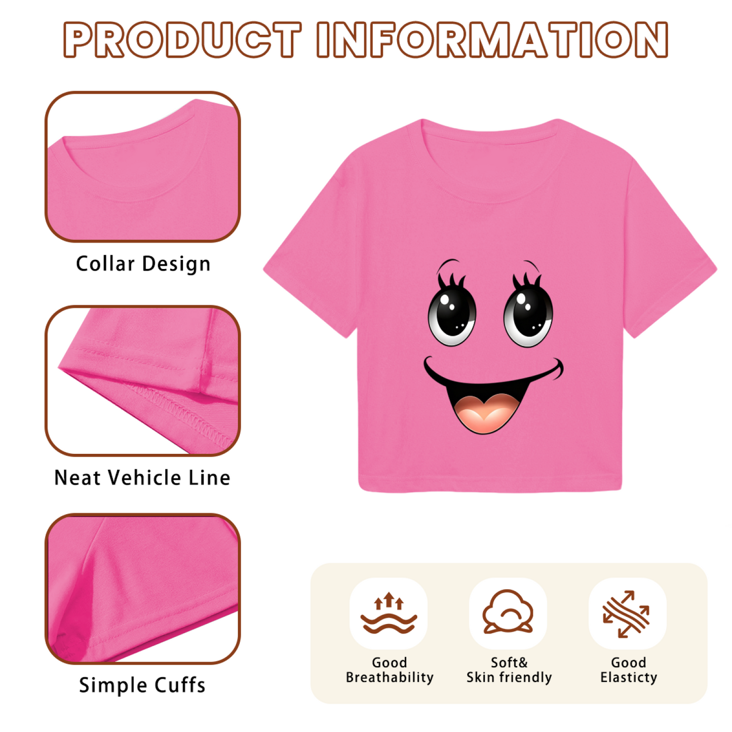 Kawaii Big Eyes Smiley Face Soft Girl Pink Crop Top
