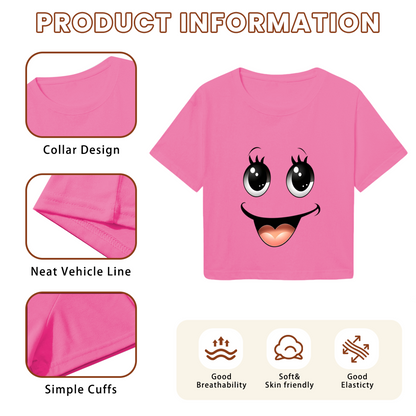 Kawaii Big Eyes Smiley Face Soft Girl Pink Crop Top