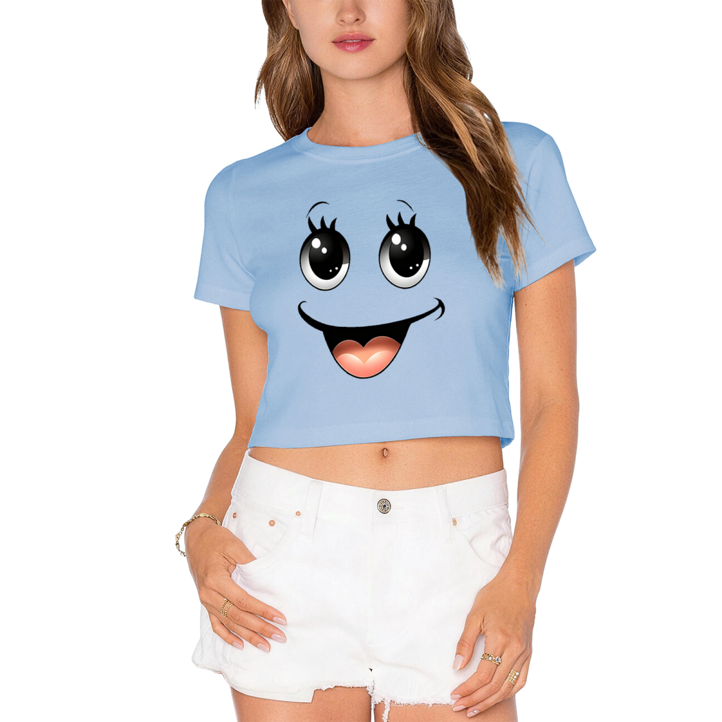 Kawaii Big Eyes Smiley Face Soft Girl Pink Crop Top