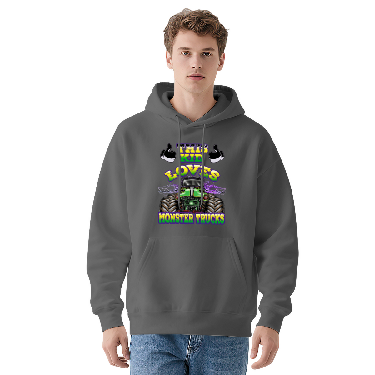 This Kid Loves Monster Trucks White Hoodie, Truck Fan Youth Cozy Top