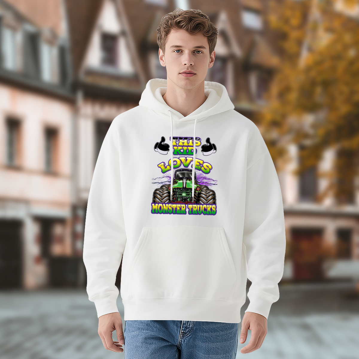 This Kid Loves Monster Trucks White Hoodie, Truck Fan Youth Cozy Top