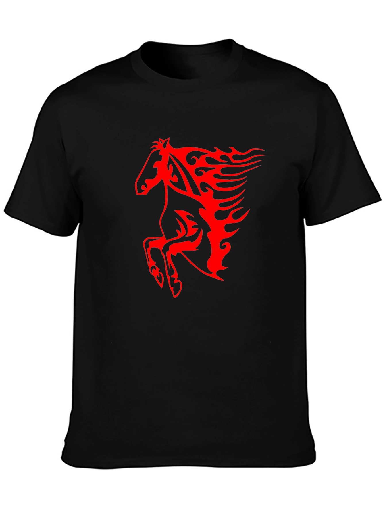 Mens Black T-Shirt with Fiery Red Horse Graphic