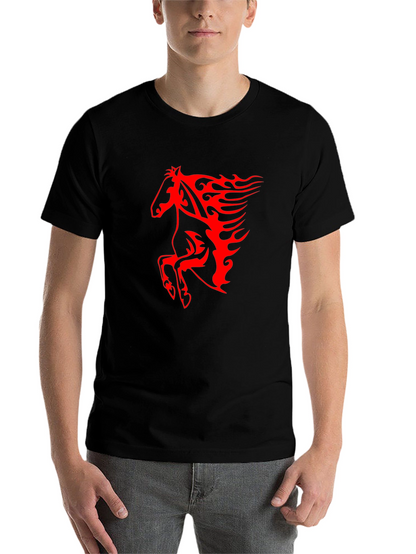 Mens Black T-Shirt with Fiery Red Horse Graphic