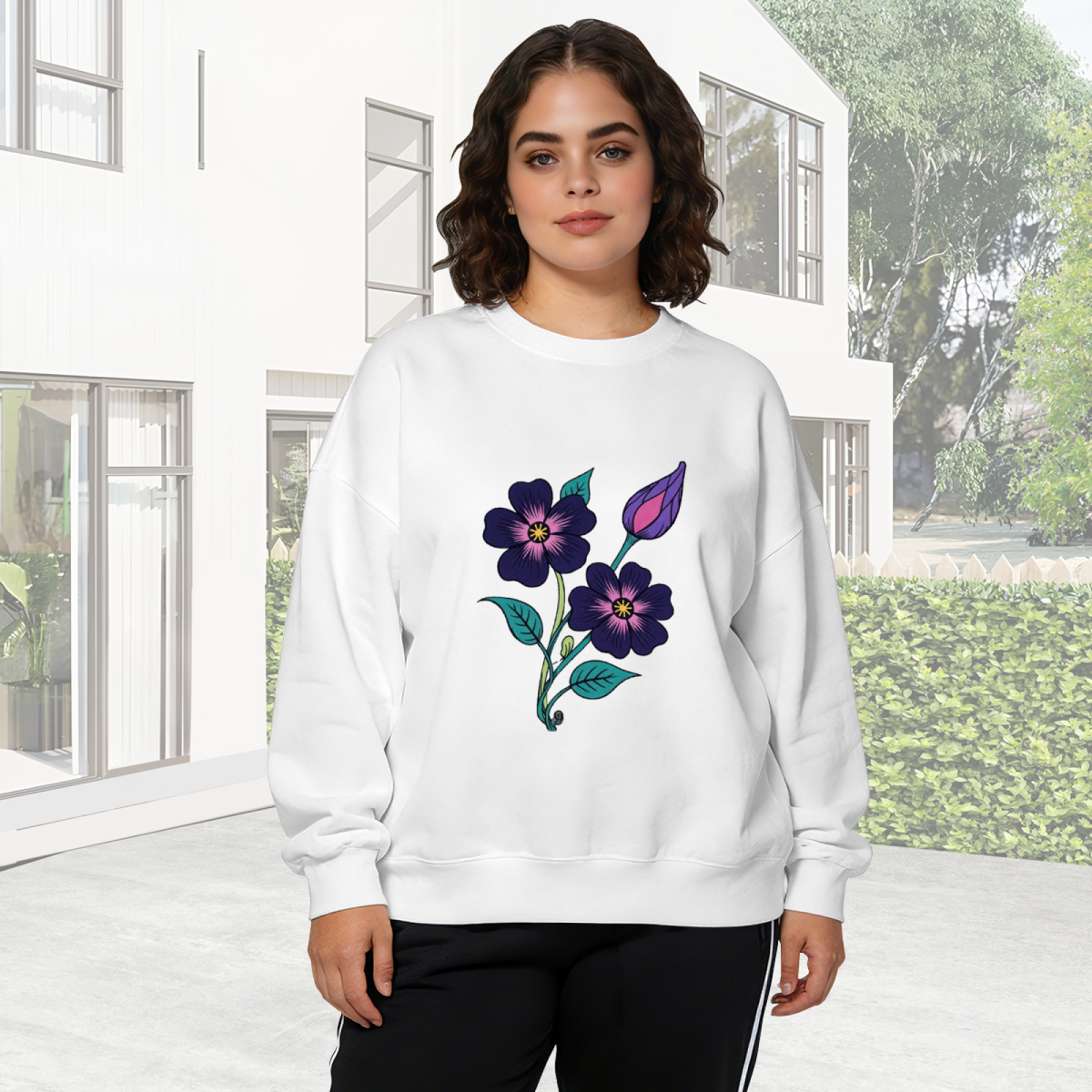 Elegant Dark Purple Wildflower Botanical Art Crewneck Sweatshirt
