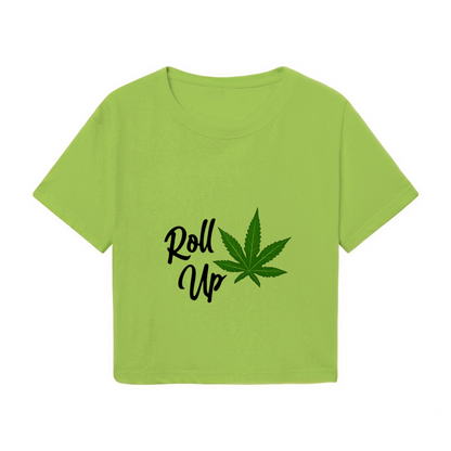 Trendy Lime Green Casual Cropped Tee With Roll Up Leaf Street Print