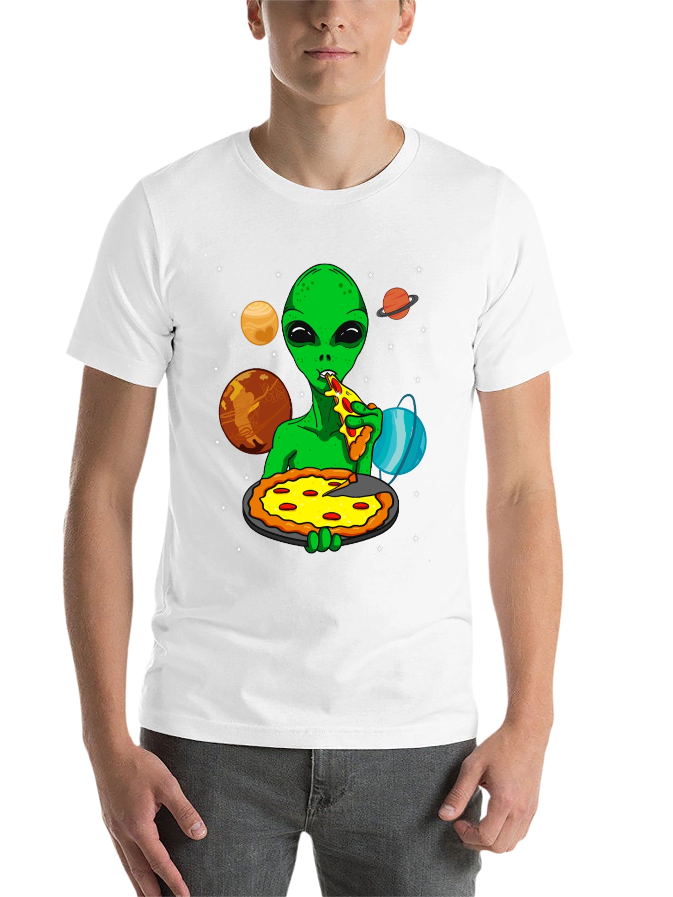 Alien Pizza Lover Graphic T-Shirt - Space Fun