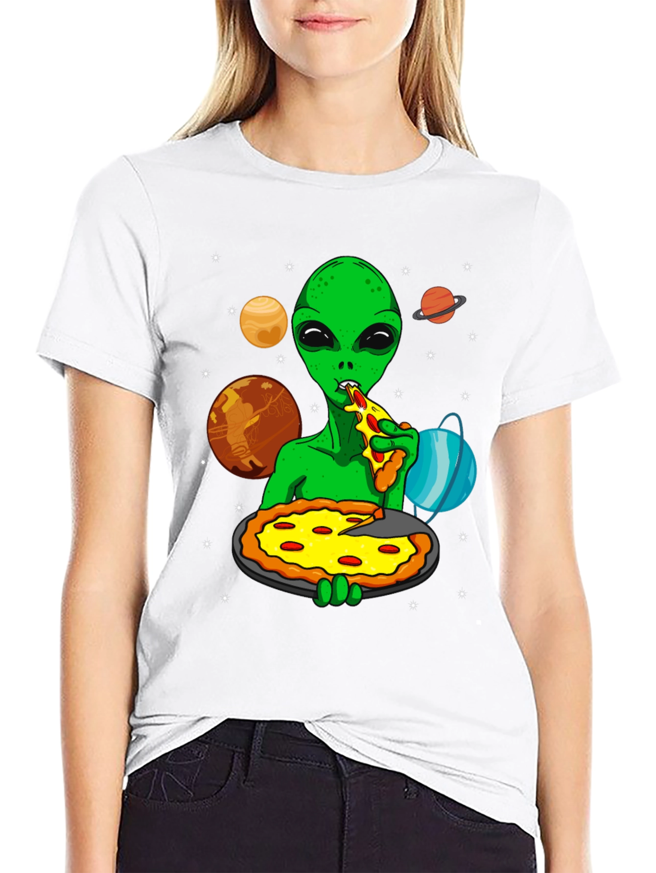 Alien Pizza Lover Graphic T-Shirt - Space Fun