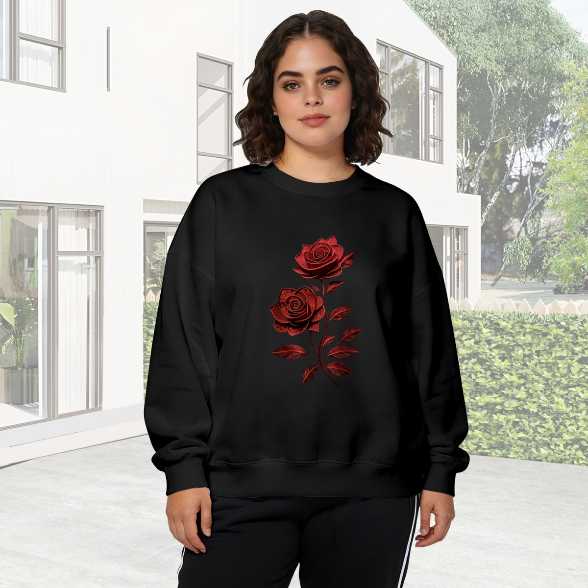 Vibrant Purple?Orange Butterfly & Rose Graphic Crewneck Sweatshirt
