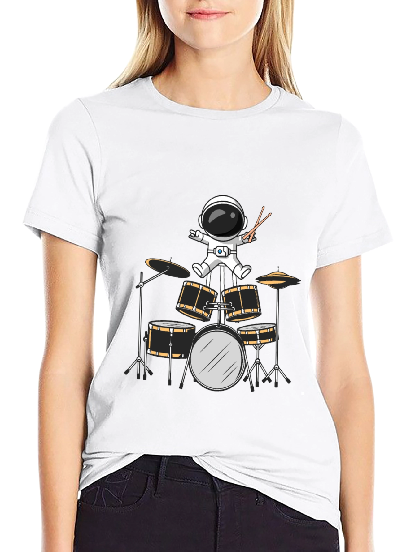Astronaut Drummer Graphic Tee - Black Cotton Blend