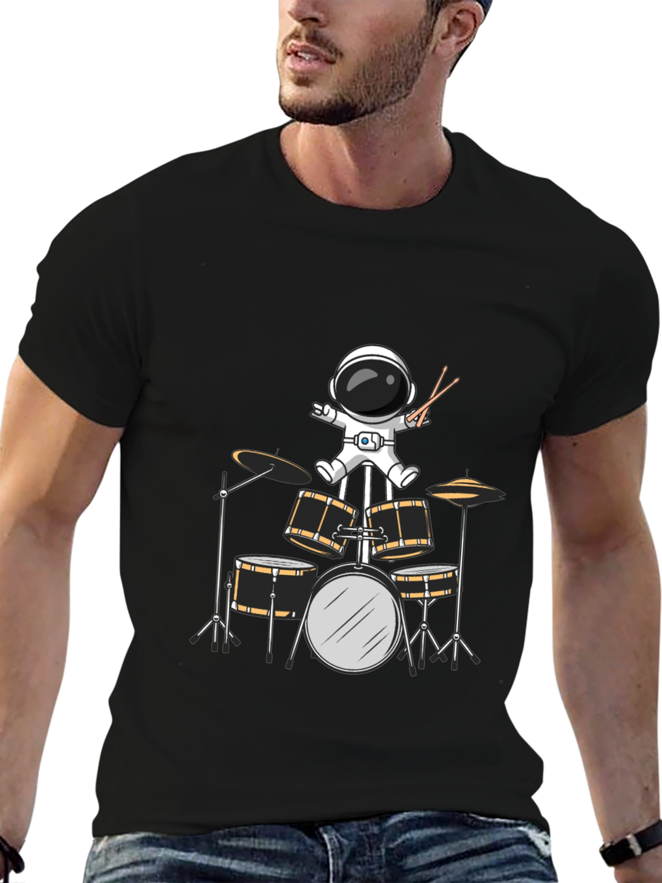 Astronaut Drummer Graphic Tee - Black Cotton Blend