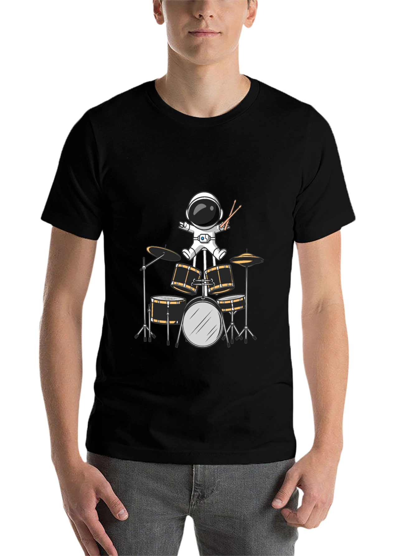 Astronaut Drummer Graphic Tee - Black Cotton Blend