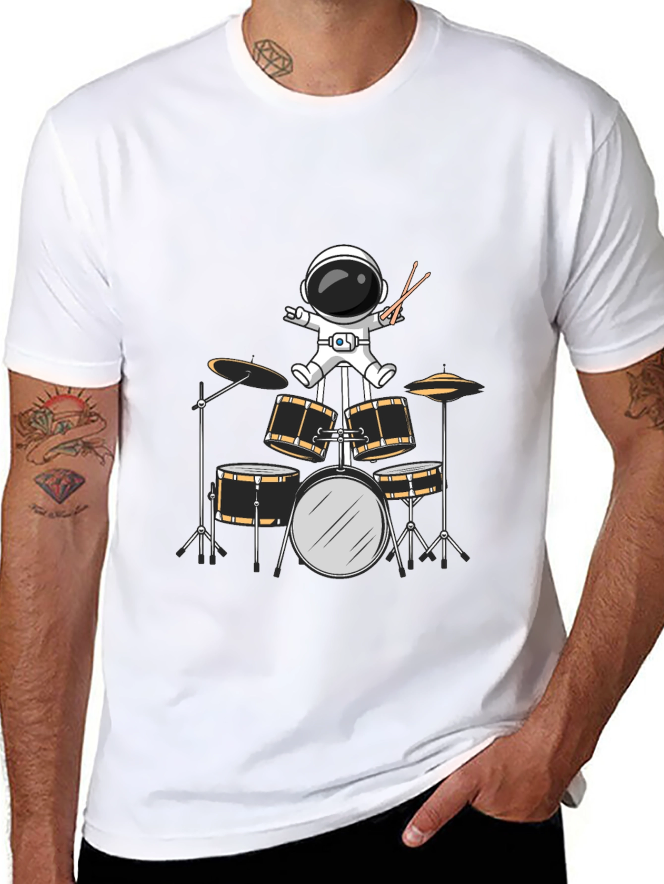Astronaut Drummer Graphic Tee - Black Cotton Blend