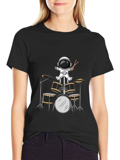 Astronaut Drummer Graphic Tee - Black Cotton Blend