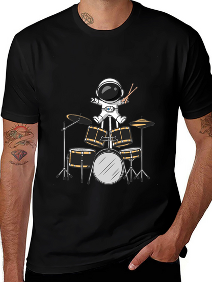 Astronaut Drummer Graphic Tee - Black Cotton Blend