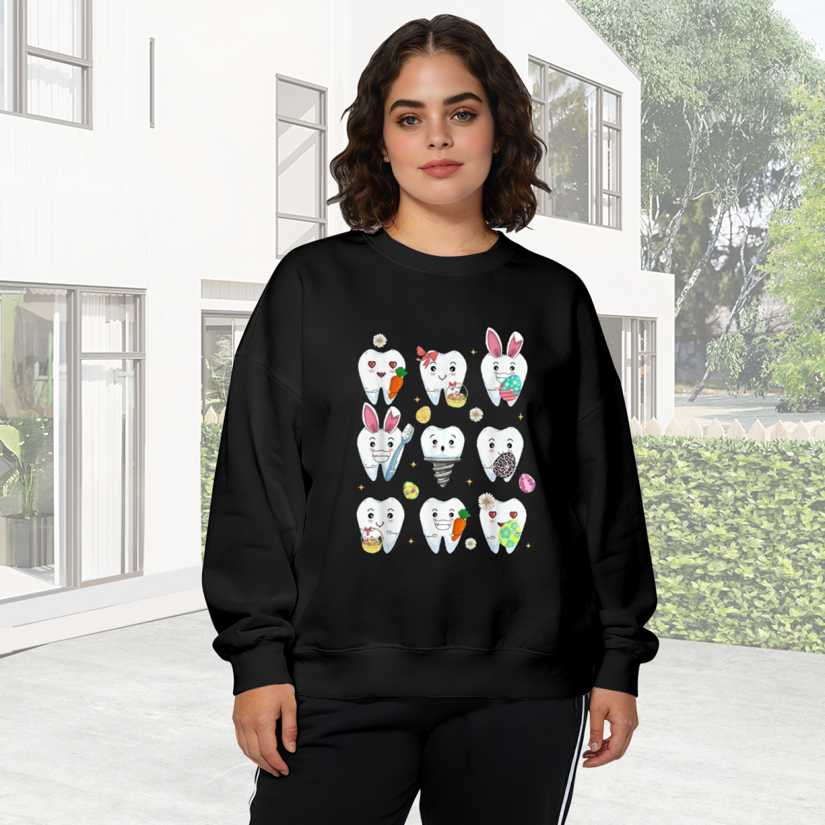 Cute Easter Cartoon Teeth Character Crewneck Sweatshirt